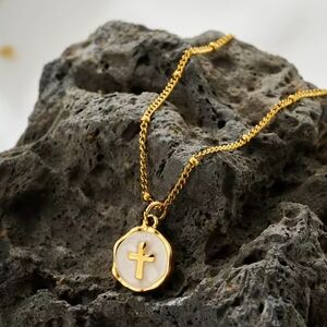 18 KT Gold Over Titanium White Cross Necklace